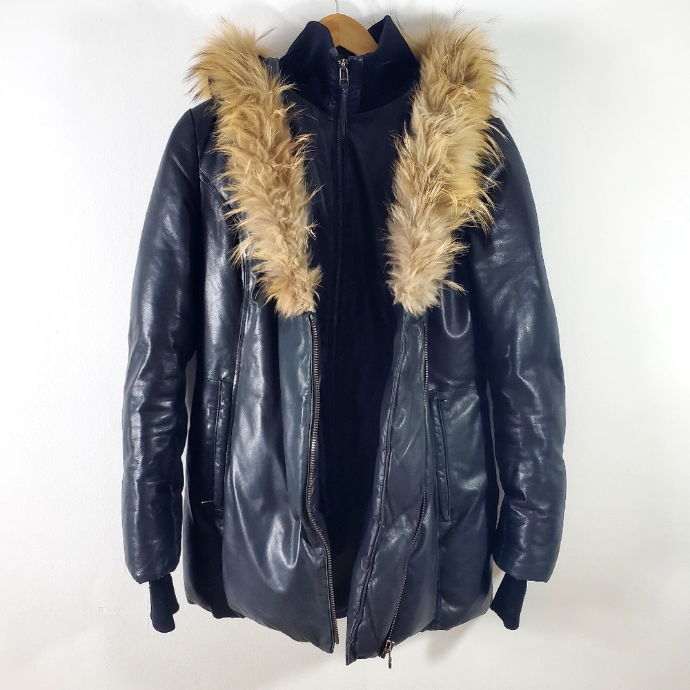 Mackage Coats Ingrid Black 100% Lambskin Leather Down Parka With Fur Trim Hood